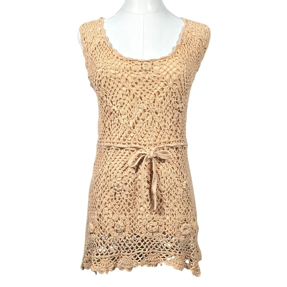 Studio 1940 Womens Tan Crochet Tank Top Floral Sleeveless Tie Waist Large Hippie